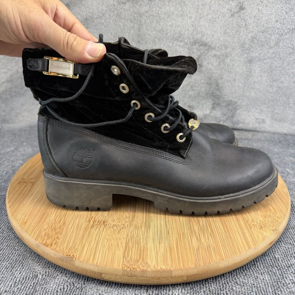 Timberland Boots Womens Size 7.5 Black Leather Velvet Ankle Combat 84320